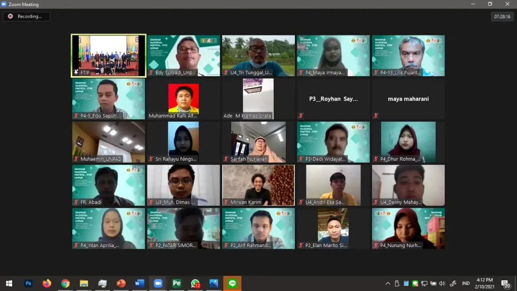Zoom gallery view showing online participants attending the National Seminar PERETETA FTIP in a hybrid format.