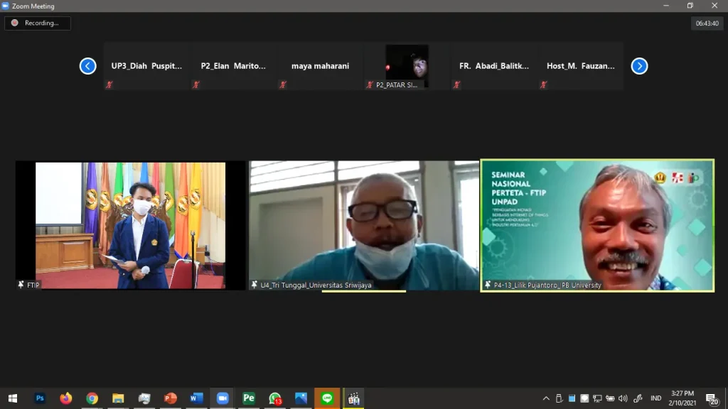 Another hybrid seminar scene from the National Seminar PERETETA FTIP, showing the integration of in-person presentation and Zoom participants.