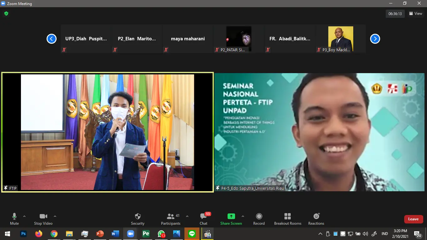Close-up view of the hybrid seminar layout during the National Seminar PERETETA FTIP, displaying the on-site speaker and online panelists on Zoom.
