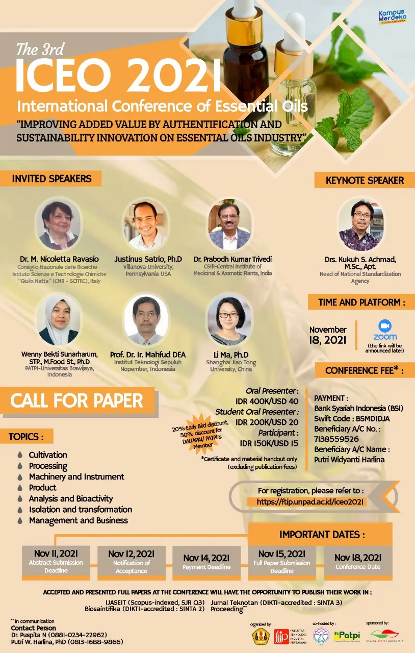 3rd ICEO 2021 conference poster featuring theme on authentication and sustainability innovation in the essential oils industry