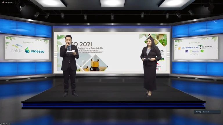 Virtual studio scene with presenters on a greenscreen‑based stage for the 3rd ICEO 2021 hybrid conference