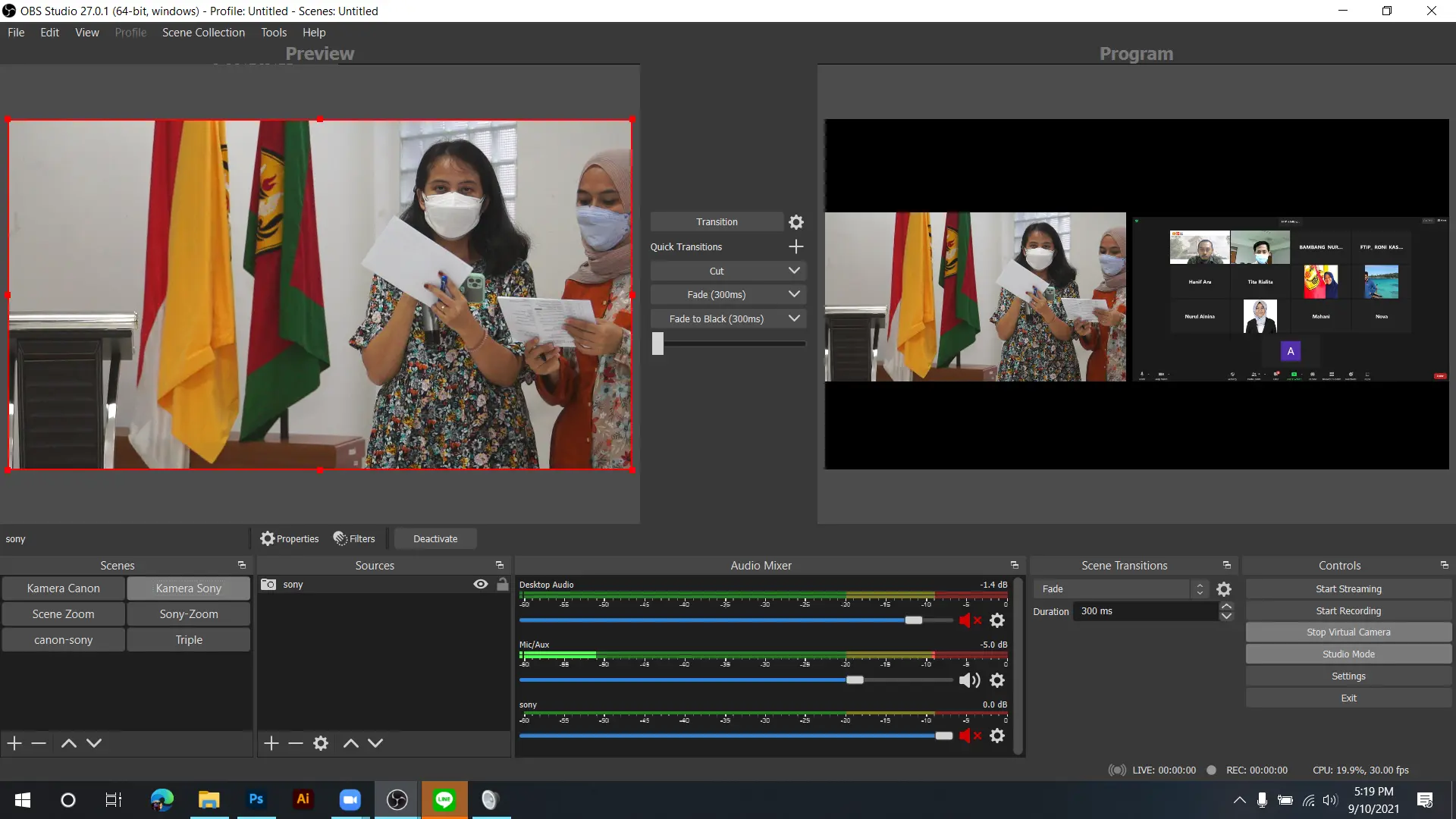 OBS scene layout for hybrid Zoom and YouTube streaming during Dies Natalis FTIP 2021