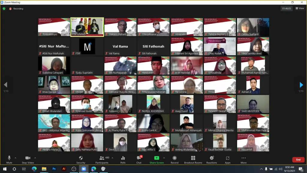 Zoom participants during the FTIP Unpad 2021 Dies Natalis hybrid event, showing students, lecturers, and guests joining online.
