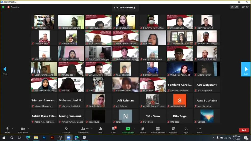 Zoom participants during the FTIP Unpad 2021 Dies Natalis hybrid event, showing students, lecturers, and guests joining online.