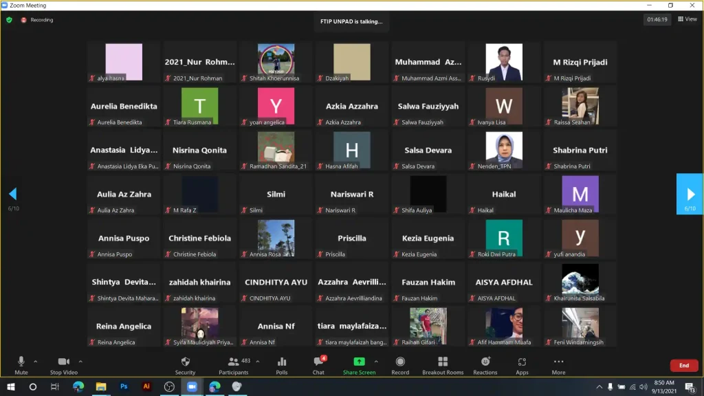 Screenshot of online participants attending the FTIP Unpad 2021 Dies Natalis celebration via Zoom.