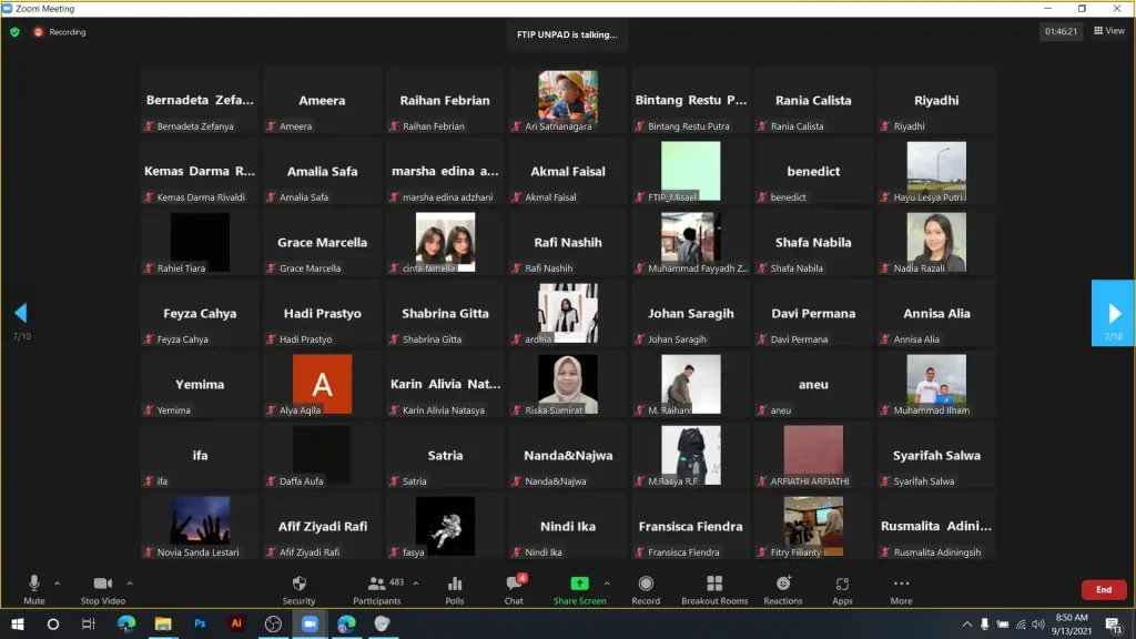 Screenshot of online participants attending the FTIP Unpad 2021 Dies Natalis celebration via Zoom.